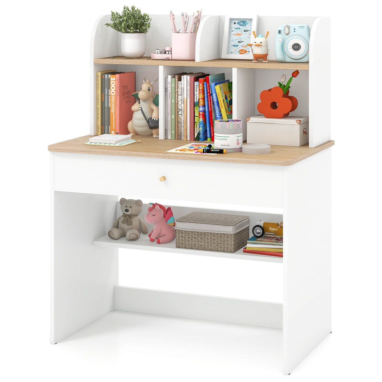Costway Kids Wooden Study Desk Children Writing Table with Hutch & Drawer White
